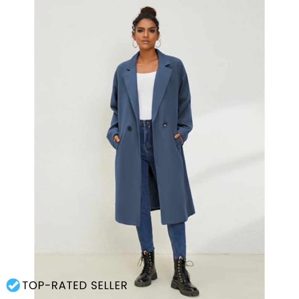 Oversized Wool Blend Trench Coat Double Breasted Long Winter Overcoat Chic - Picture 2 of 6